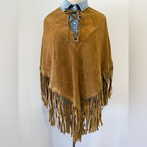 Vintage 1960’s Authentic Suede Leather Poncho with Fringe Boho Festival Western